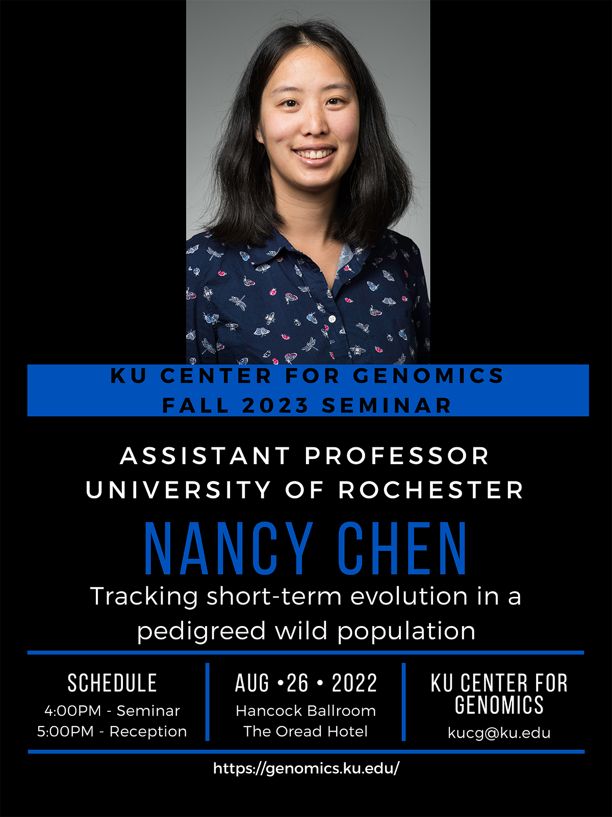 Poster advertising Aug. 26, 2022 KU Center for Genomics seminar featuring Nancy Chen from the University of Rochester