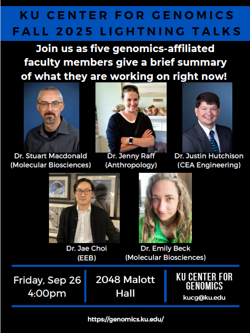 Poster with text reading, "KU Center for Genomics Fall 2025 Lighting Talks. Friday, Sept. 26, 4 p.m."